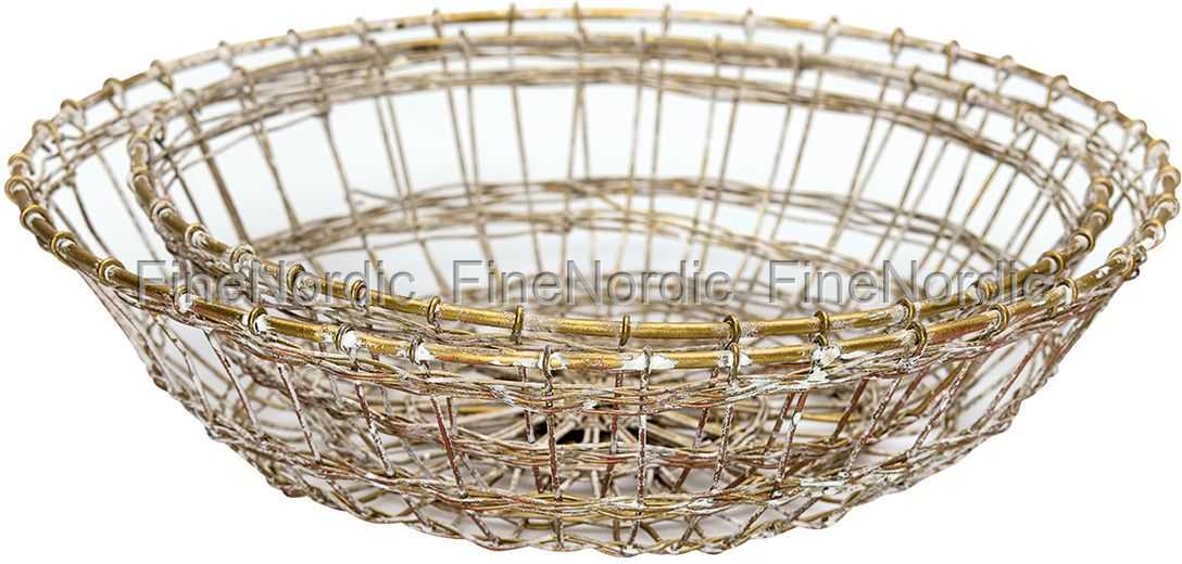 GreenGate Wire Basket Round Whitewashed Gold Set of 2 pcs