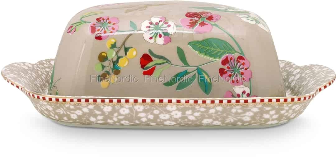 Pip Studio Floral Butter Dish Hummingbirds Khaki