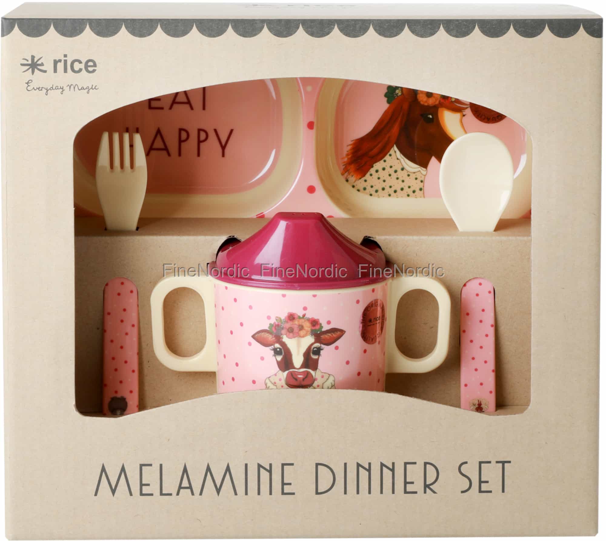 Farm Animals Print 4 St/ück RICE Melamine Baby Dinner Set in Gift Box