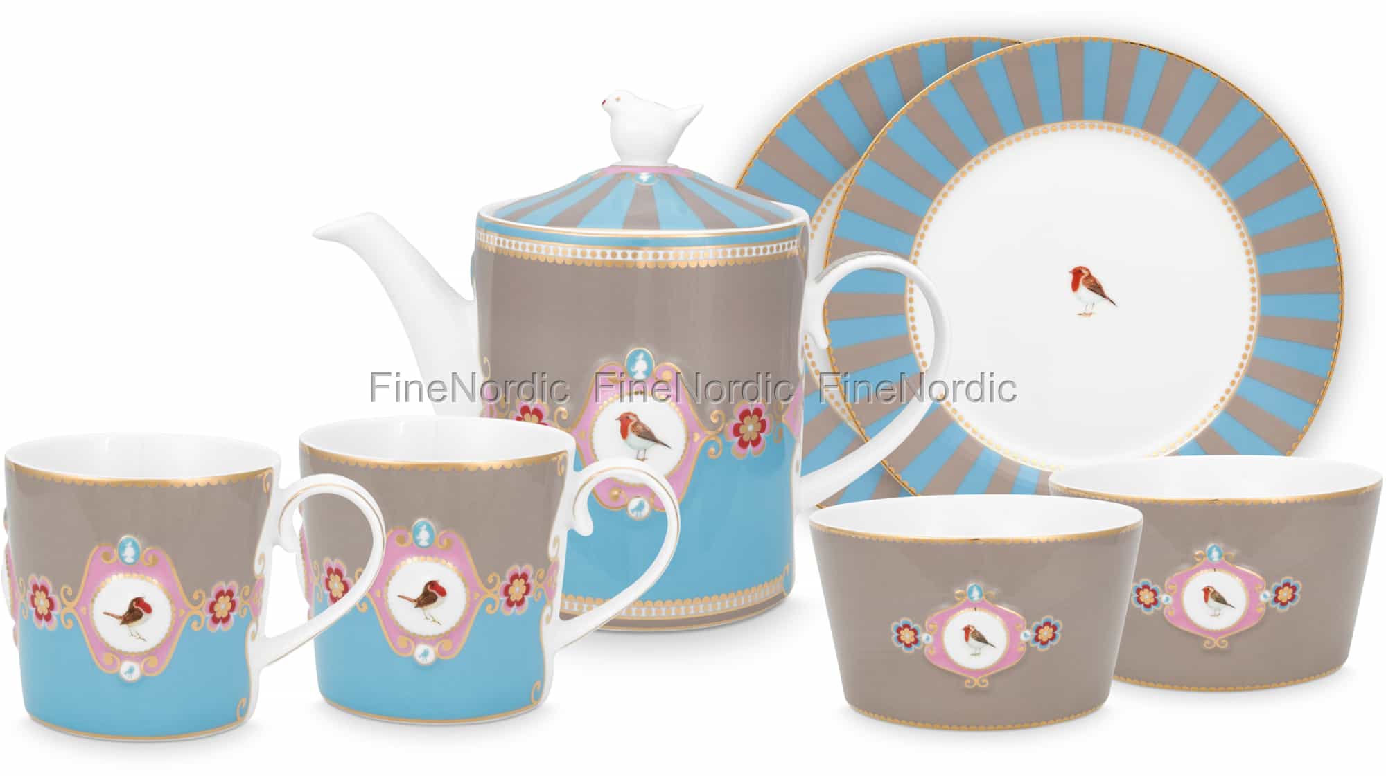 Pip Studio Tea Set Love Birds Blue-Khaki Set of 7 in Gift Box