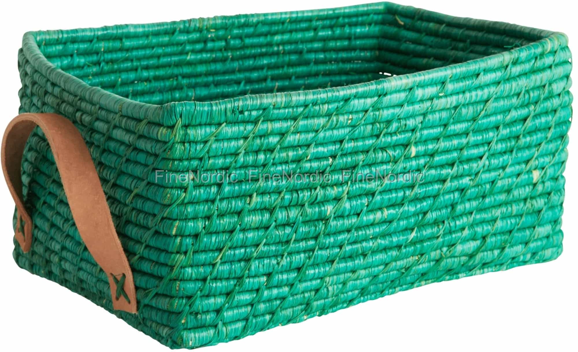 Rice Raffia Basket Rectangular Leather Handles Green
