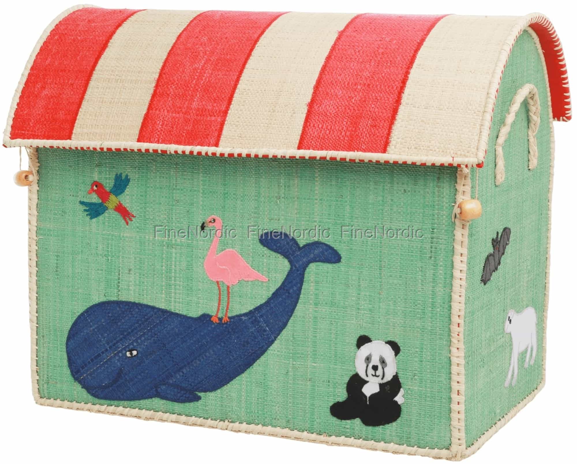Rice Raffia Toy Basket - Animal Theme - Mint - Medium