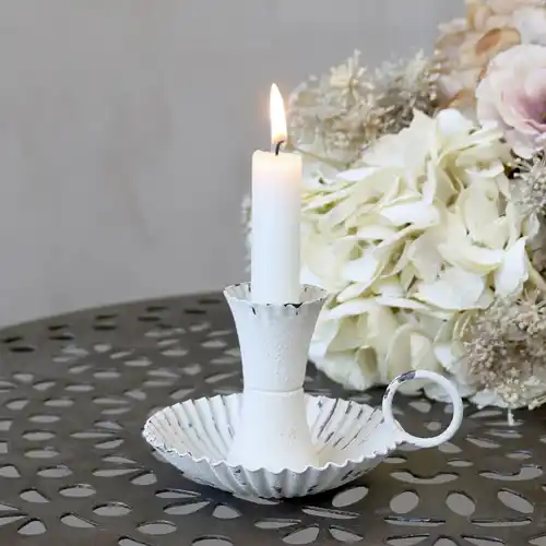 Tall White Chamberstick Candle Holder, Thin Taper Candle Holder