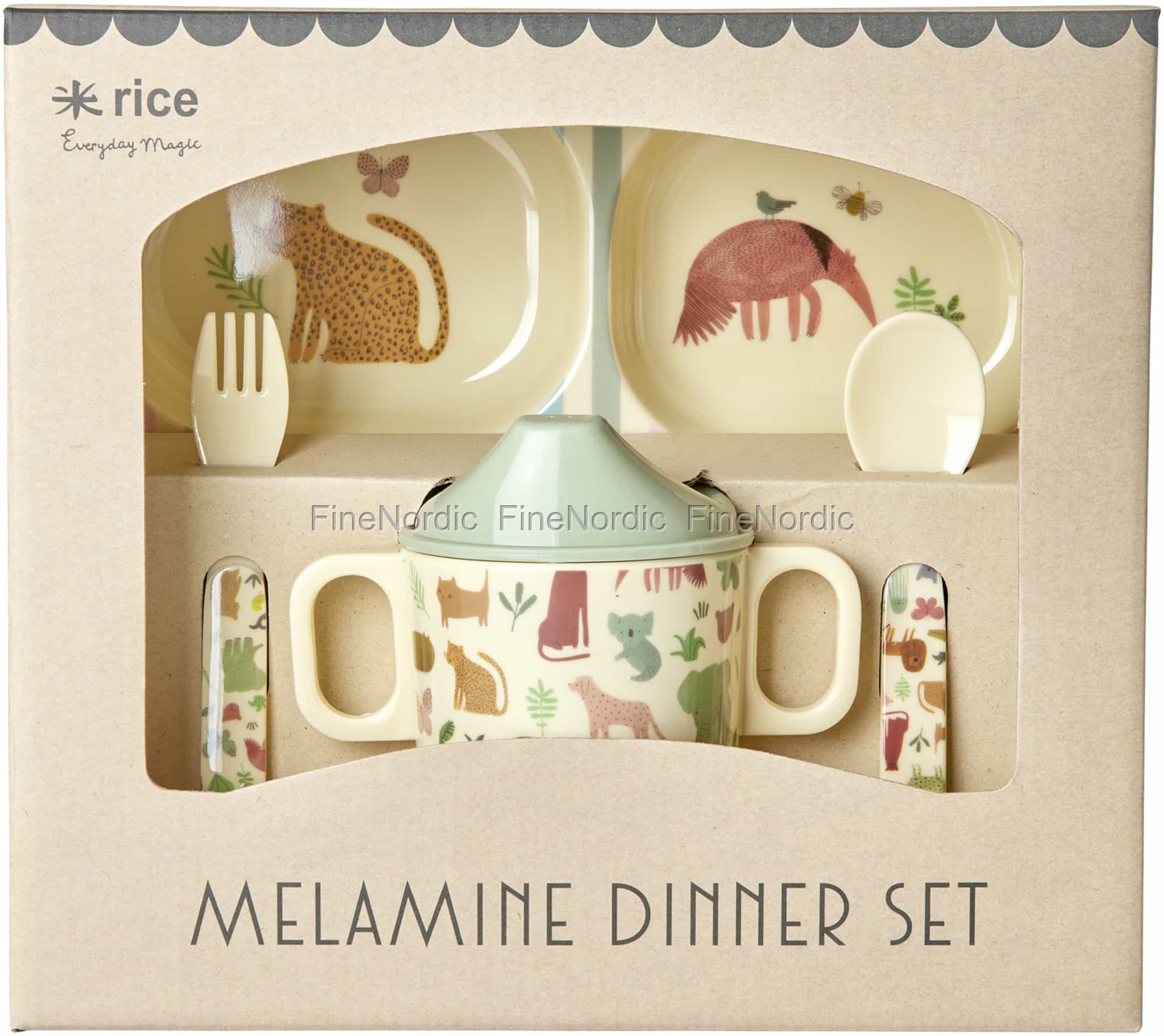 Set De Table Bébé 4 Pièces En Mélamine - Bol, Assiette, Cuillère, Verre - Motif Jungle Doux, Idée Cadeau