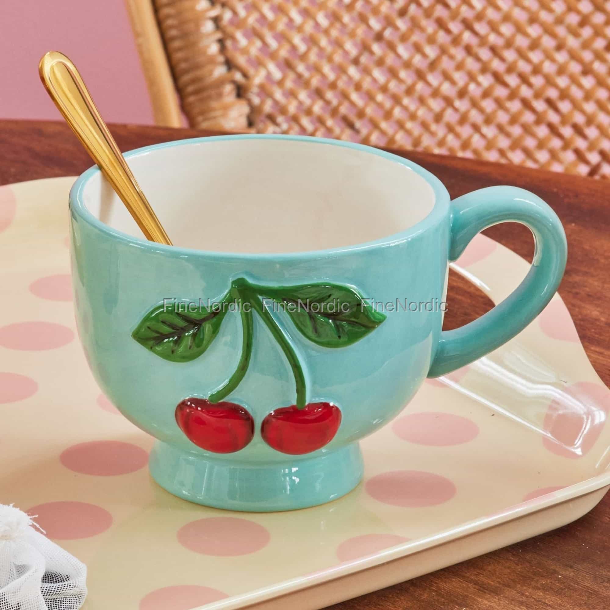 Rice Ceramic Mug with Embossed Cherries - Mint - 250 ml