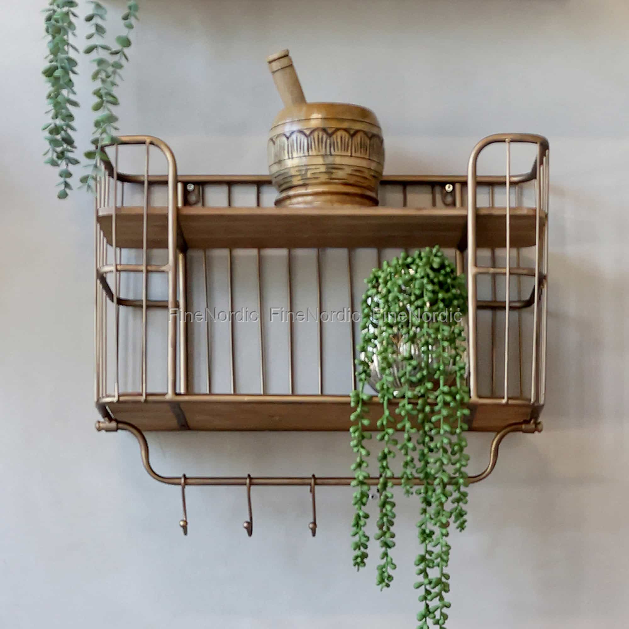 Chic Antique Old Look Shelf with 5 Hooks Antique Brass